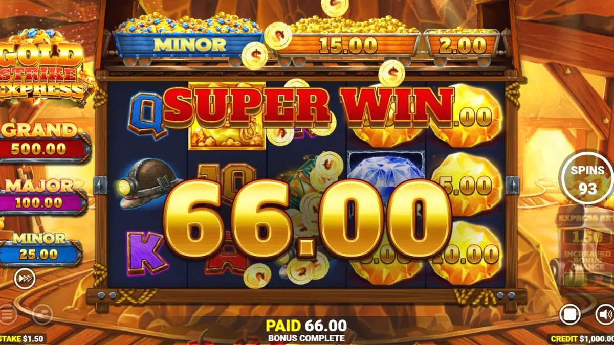 Tampilan visual mesin slot Gold Strike Express dengan tema tambang emas