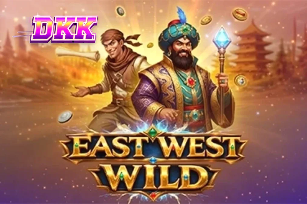 Tampilan visual slot East West Wild dengan latar belakang gurun dan simbol bertema Jalur Sutra